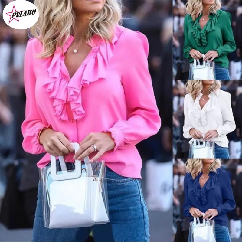 

Chiffon Blouses Women 2022 Spring Fashion Long Sleeve V-neck Ruffle Elegant Slim Solid Office Lady Casual Shirts Tops