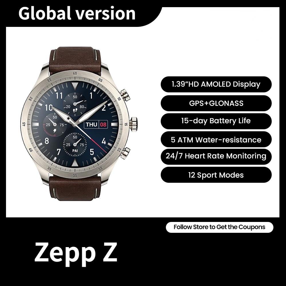 

Amazfit Zepp Z SmartWatch Men 1.39'' Fashion AMOLED Display 326 Ppi 12 Sports Modes Faces Heart Rate Sleep Quality Monitoring