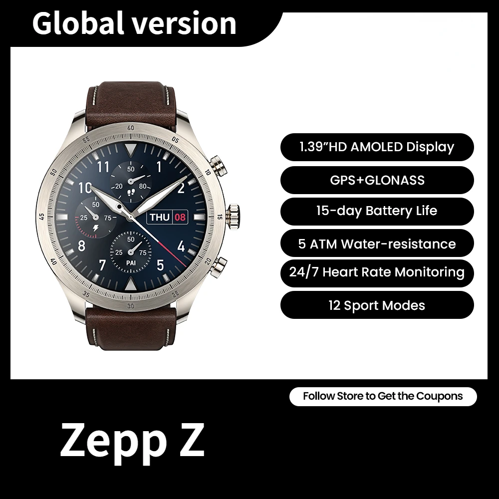 

Смарт-часы Amazfit Zepp Z мужские, 1,39 дюйма, AMOLED дисплей, 326 Ppi, 12 спортивных режимов