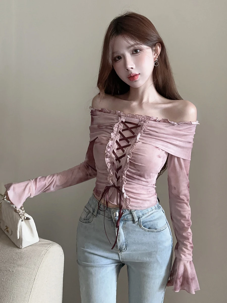 RORORIRI Grayu Desire женская футболка на одно плечо с расклешенными рукавами шнуровка