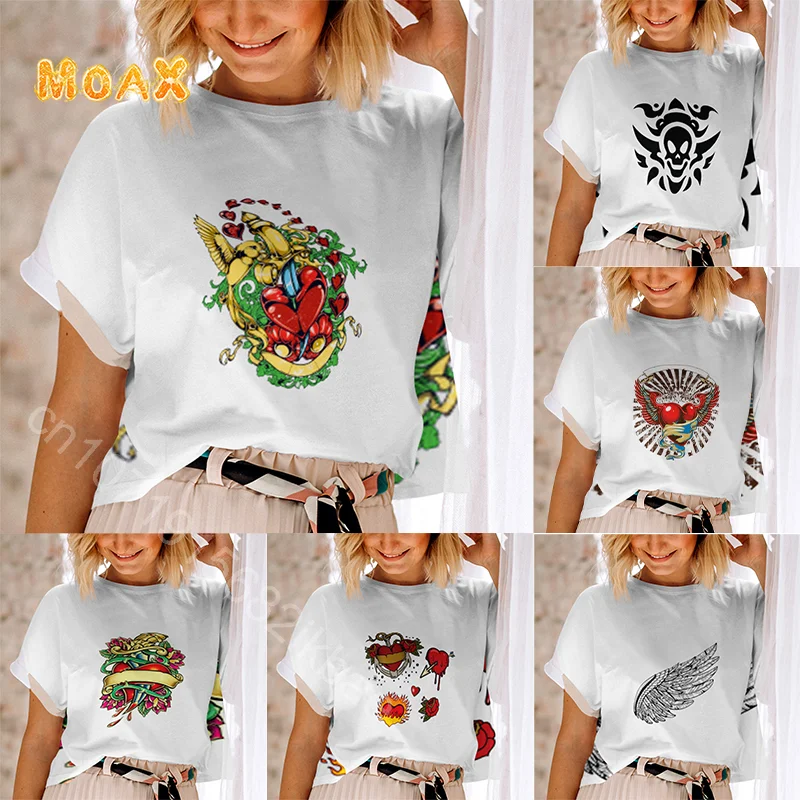 

Fashion Tattoo Print Short Sleeve T-shirt Women Loose Round Neck Tops 2023 Summer New Bottoming Shirt Couple's Wear Customizable