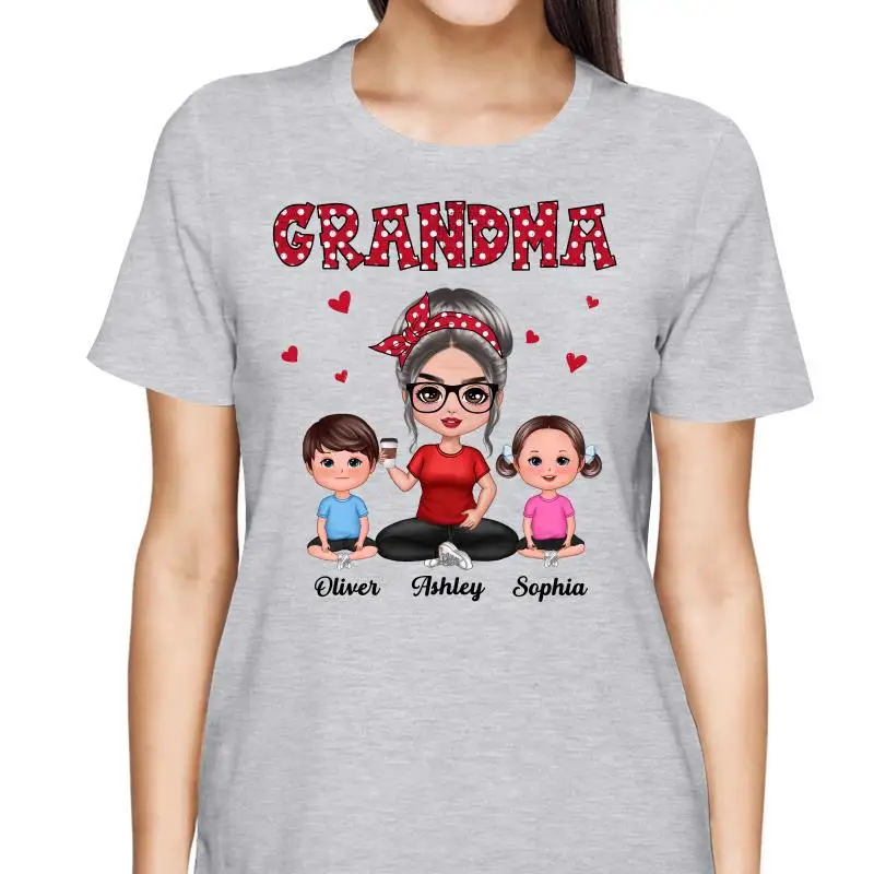 

Polka Dot Pattern Doll Grandma And Grandkids Sitting Personalized Shirt