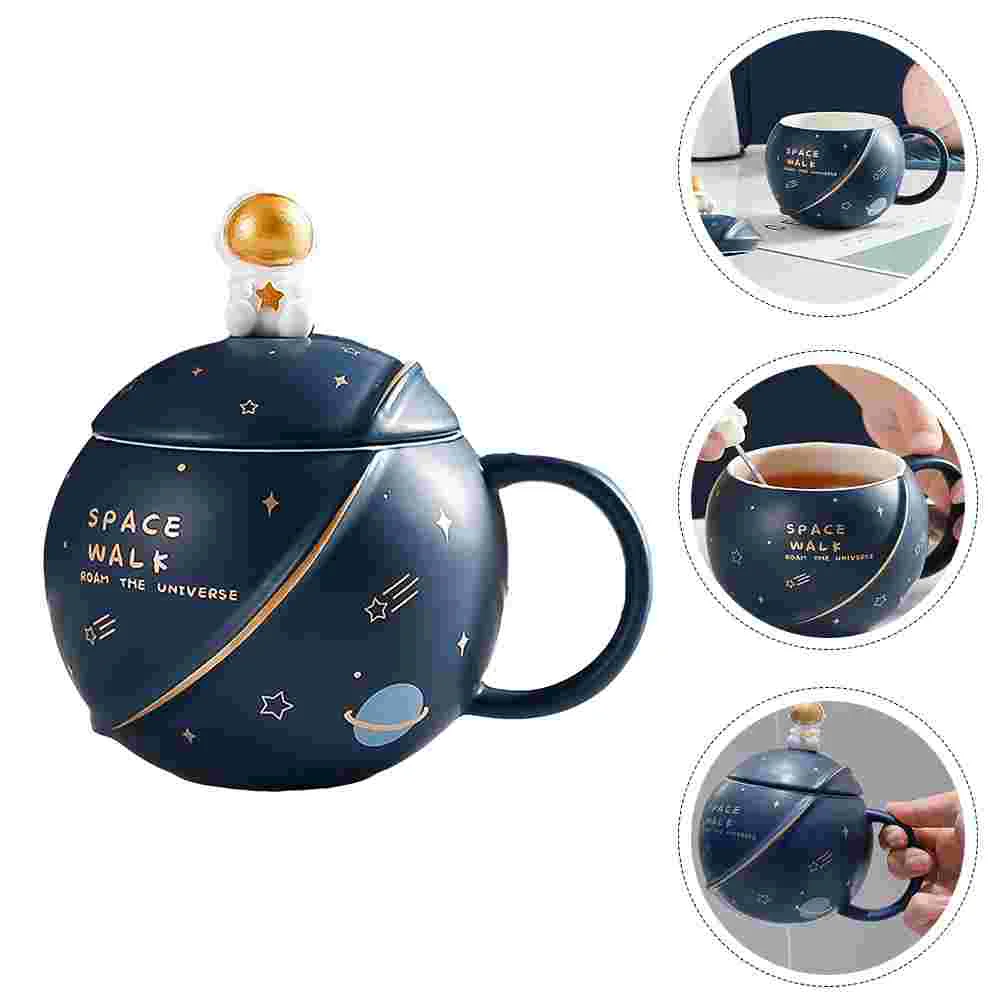 

Mug Astronaut Coffee Cup Ceramic Lid Water Planet Novelty Mugs Spoon Cups Tea Cute Home Handle Universe Set Travel Pottery