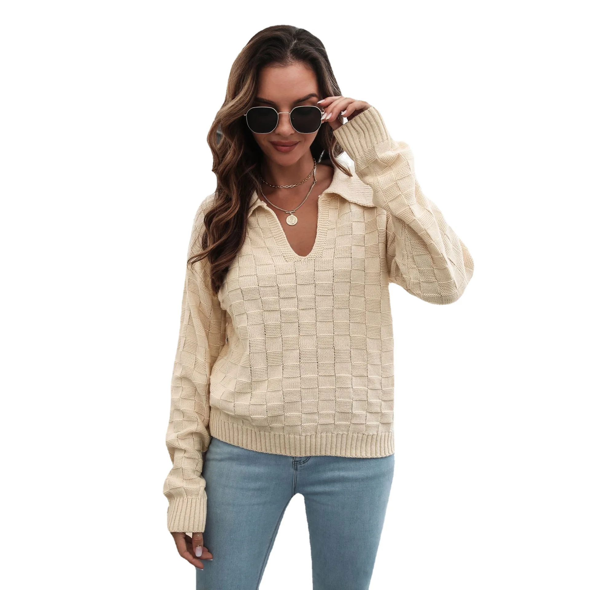 2022 Three-dimensional Plaid Lapel Sweater Women's Loose Autumn and Winter Long-sleeved Knitted Sweater New