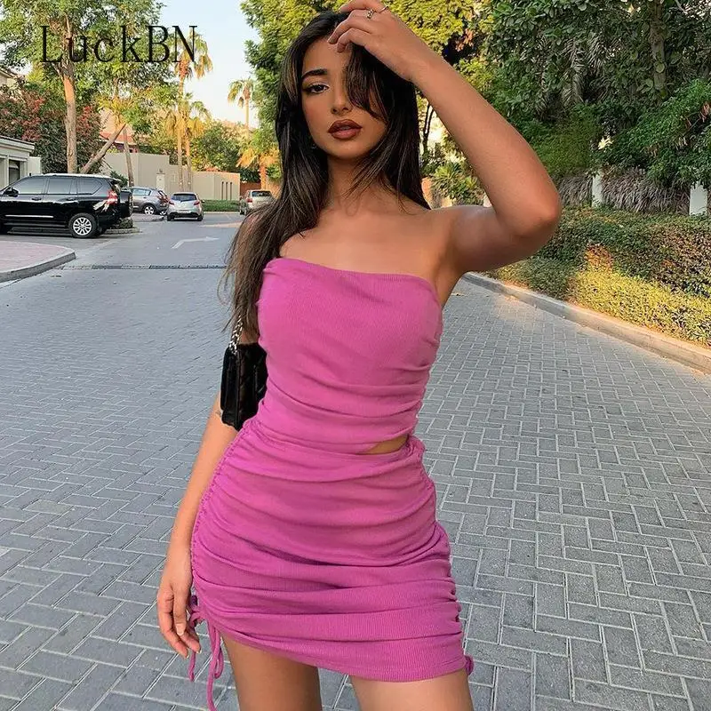 

Spring Summer Matching Sets Women Solid Ribbed 2 Piece Tube Tanks Drawstring Ruched Mini Skirt Set Lace Up Streetwear Party Club