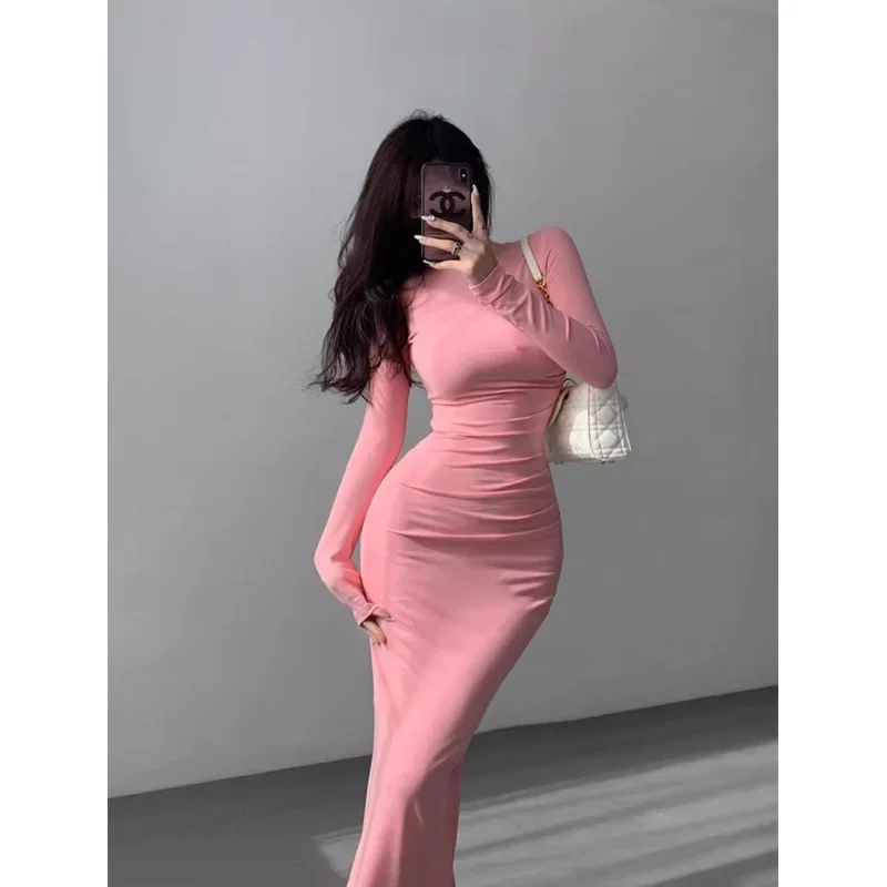 Sweet Spicy Long Sleeve Pink Dress Women's Autumn/winter Slimming Bodycon Skirt Undercoat Inner Wear Overcoat's