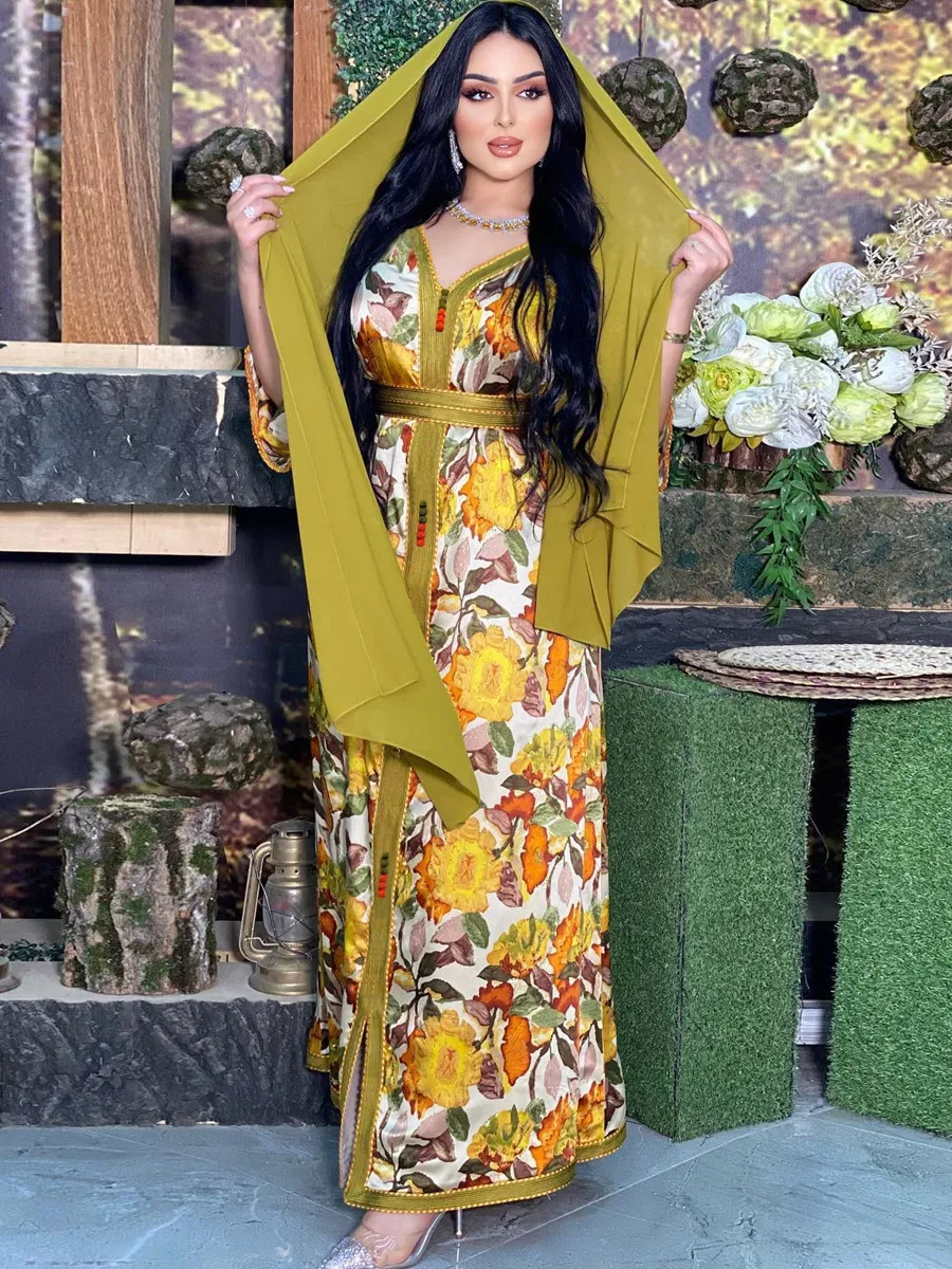 

Women Muslim Caftan Marocain Dubai Abaya Hijab Dress Kaftan Ramadan Robe Femme Musulmane Islam Arabic Flower Print Long Dresses