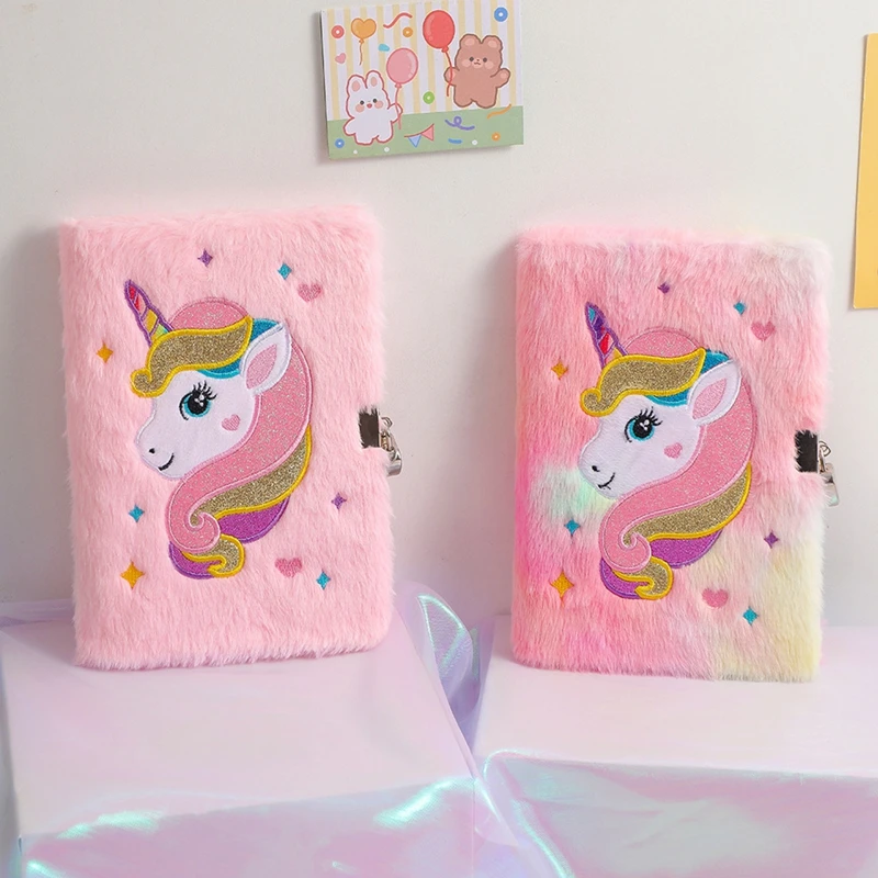 Unicorn Diary With Lock For Kid Girls Gift Cute Plush Notebook A5 Size Secret Fuzzy Journal