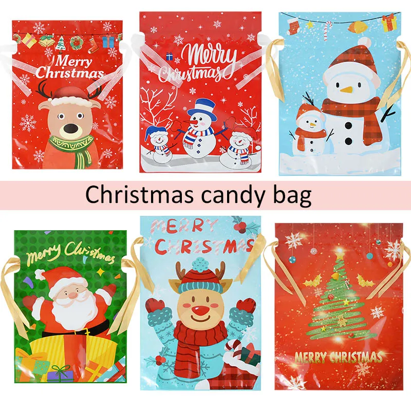 

5Pcs Gift Bag Christmas Decoration 2023 Drawstring Gift Bags for Candy Biscuit Cartoon Packaging Plastic Bags Party Supplies