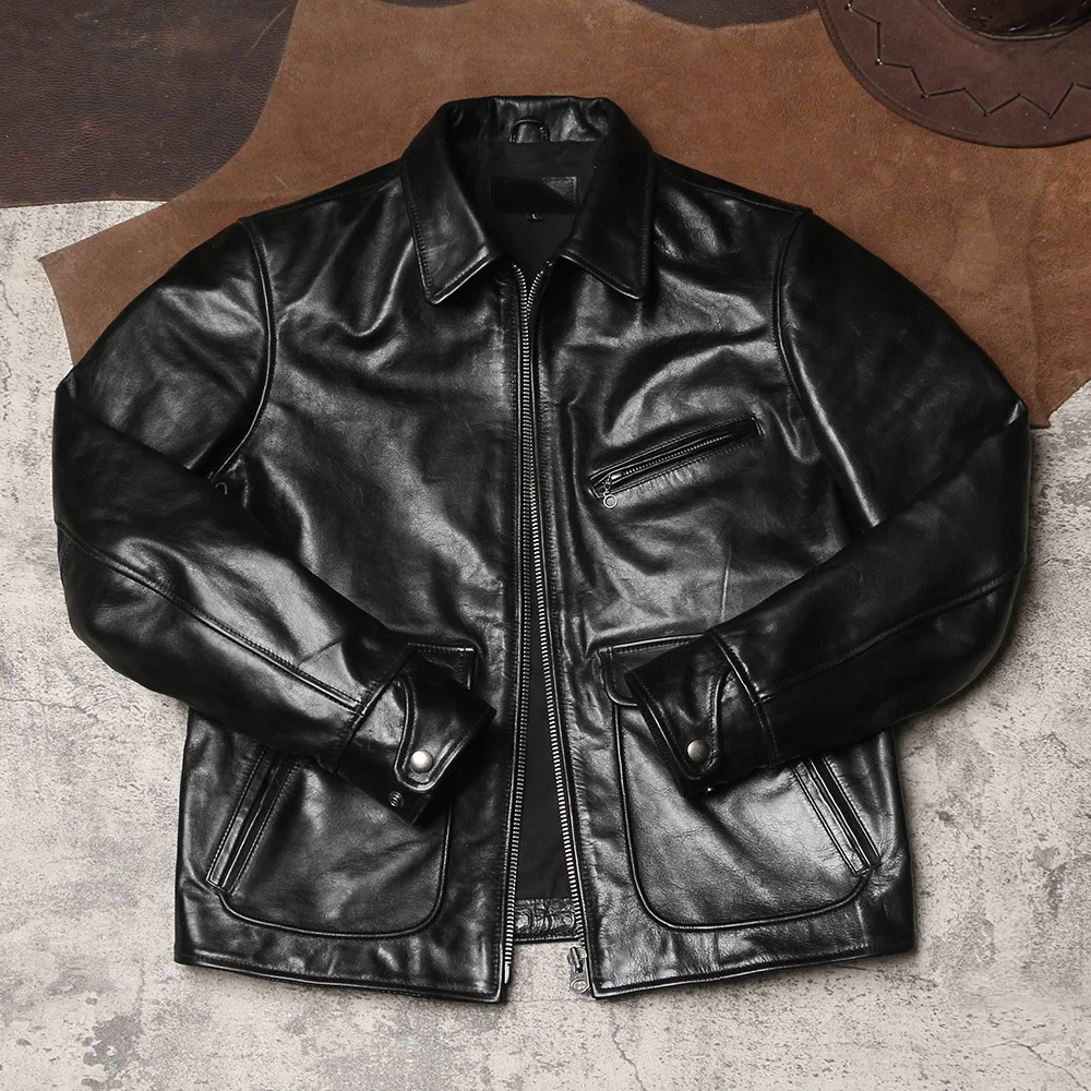 

YR!Free shipping.Brand new Us retro horsehide jacket.black vintage slim rider genuine leather coat.Plus size quality leather