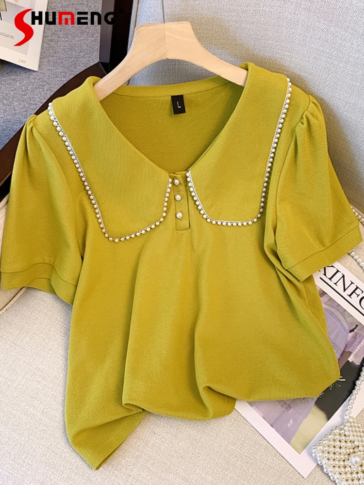 

Woman Beaded Peter Pan Collar Blouse 2022 Summer New Loose Preppy Style Yellow Short Sleeve Slimming Top Lady Blusas Para Mujer