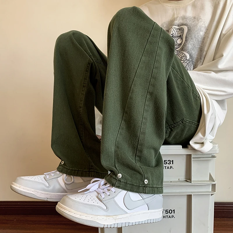 Green Coffee Black Baggy Jeans Men Fashion Retro Straight Jeans Men Japanese Streetwear Hip-hop Loose Denim Pants Mens Trousers