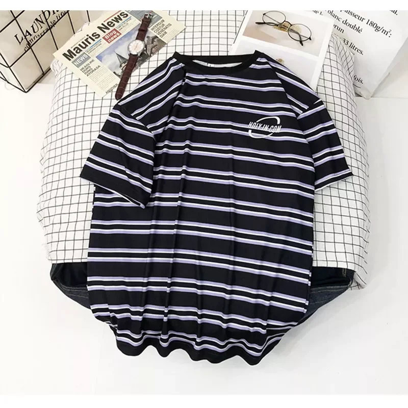 

Stripe Couples Tshirt Loose Vintage Korean Version Unisex Clothes Youthful Vitality Clothes Hot Sale Hip Hop Streetwear