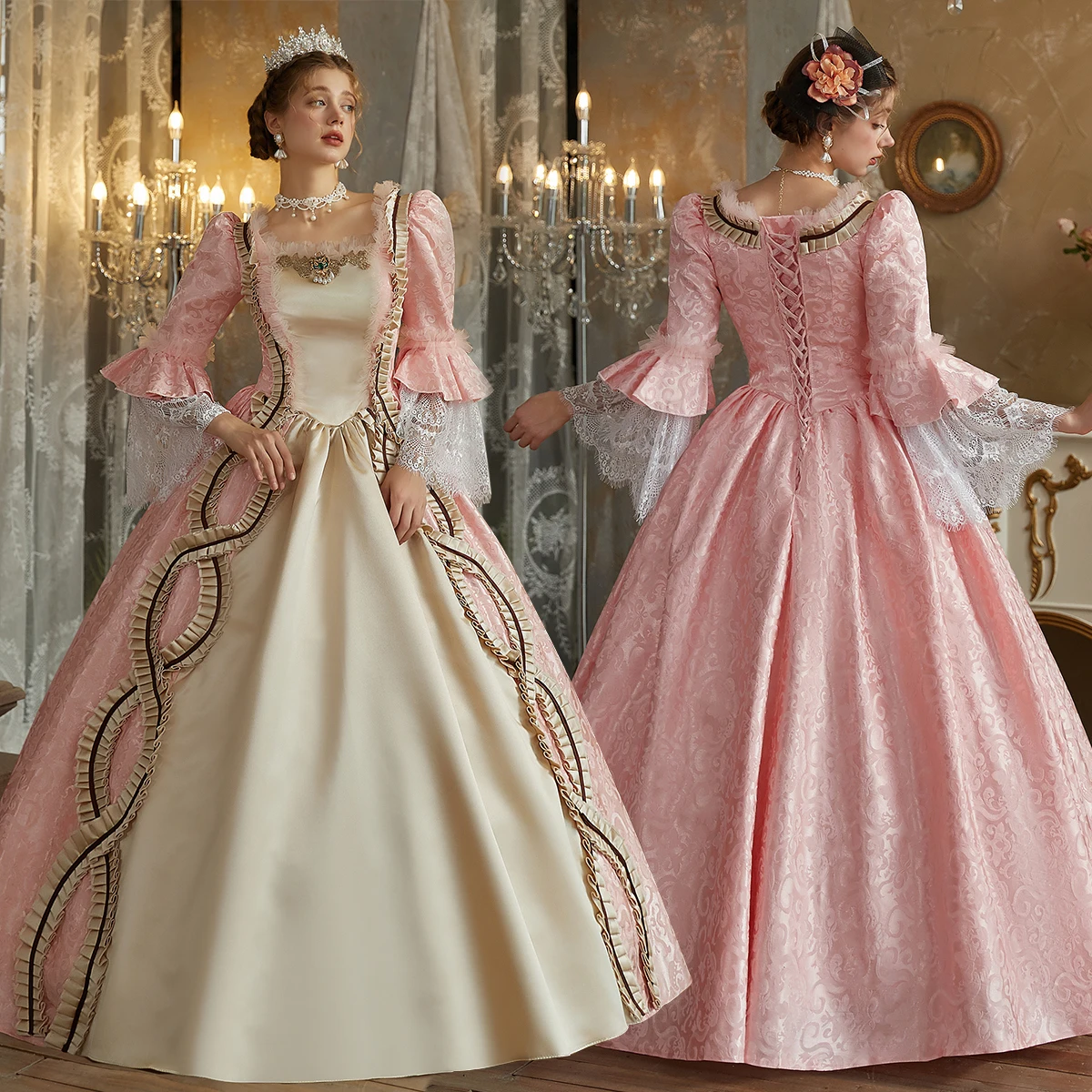 Розовое платье цвета шампанского с длинными рукавами в стиле Хепберн дворцовое