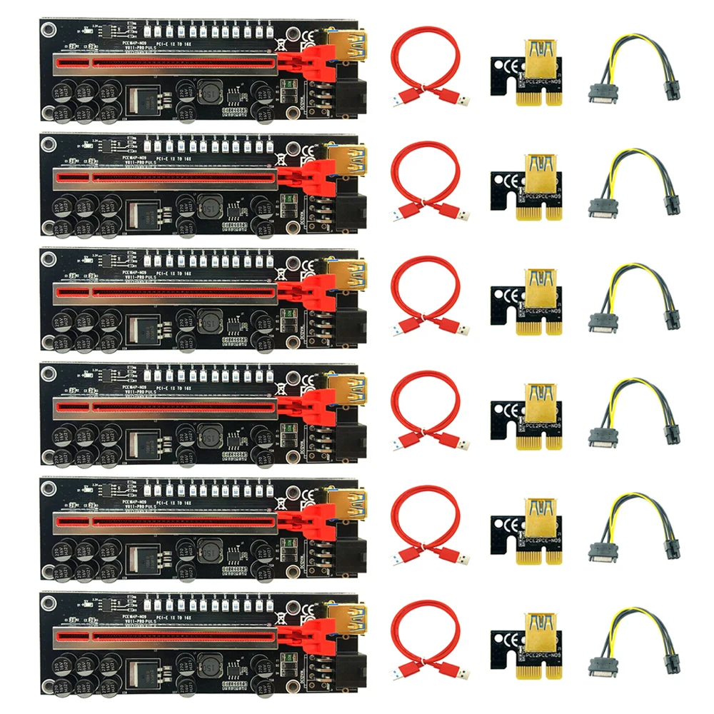 

6 шт., Райзер V011 Pro Plus PCIE, Райзер для видеокарты, Райзер PCI Express x16 SATA на 6P, кабель питания USB 3,0 для майнинга биткоинов