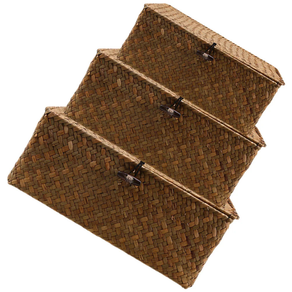 

3 Pcs Large Wicker Basket Lid Woven Hamper Portable Small Decorative Seaweed Toy Storage Case