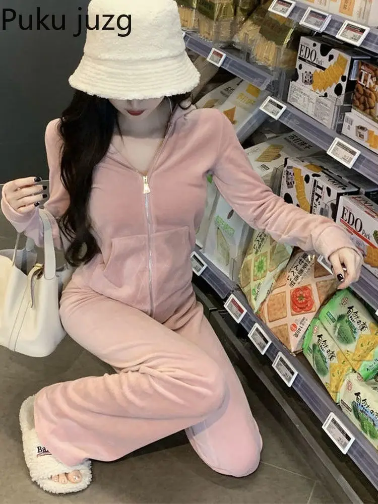 

Puku Juzg Velvet Sportswear Hooded Zipper Sweater Women Autumn New Pink Fashion Short Jacket Top Fitness Pants Female Tracksuit