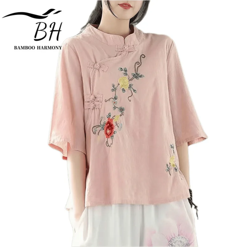 

Chinese Style Linen Tees with Floral Embroidery for Women