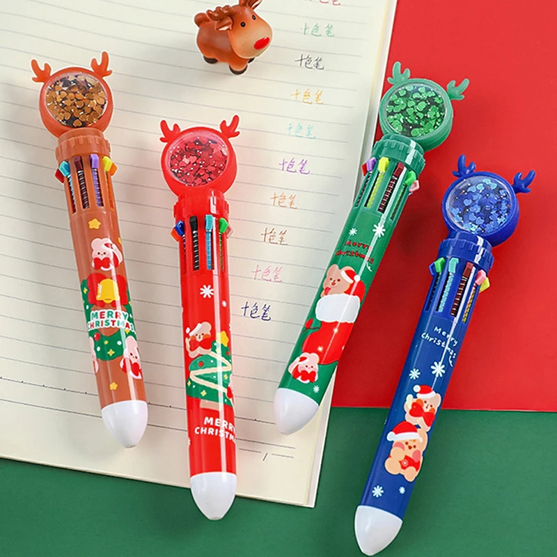 

0.5mm Christmas 10 in 1 Ballpoint Pen Cartoon Santa Claus Ten Color Pen Christmas Printing Multi-color Marking Stationery Gift