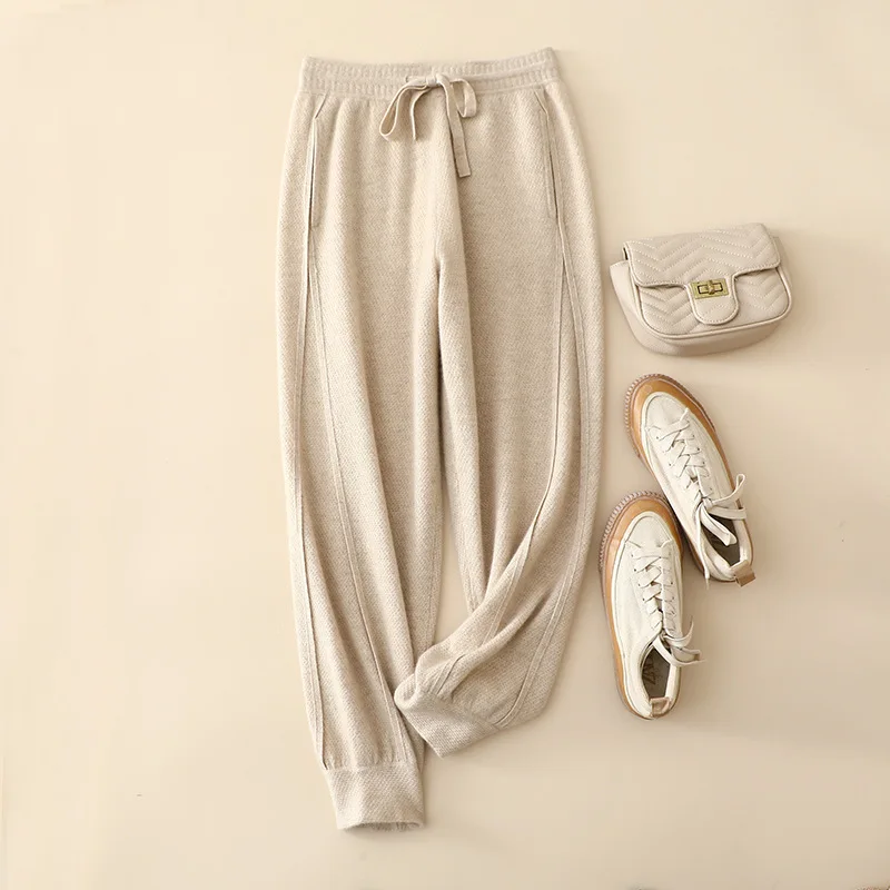 

Winter Pants For Women 2022 100% Cashmere Elastic High Waist Drawstring Slimming Harem Casual Knitted Pencil Trousers Female