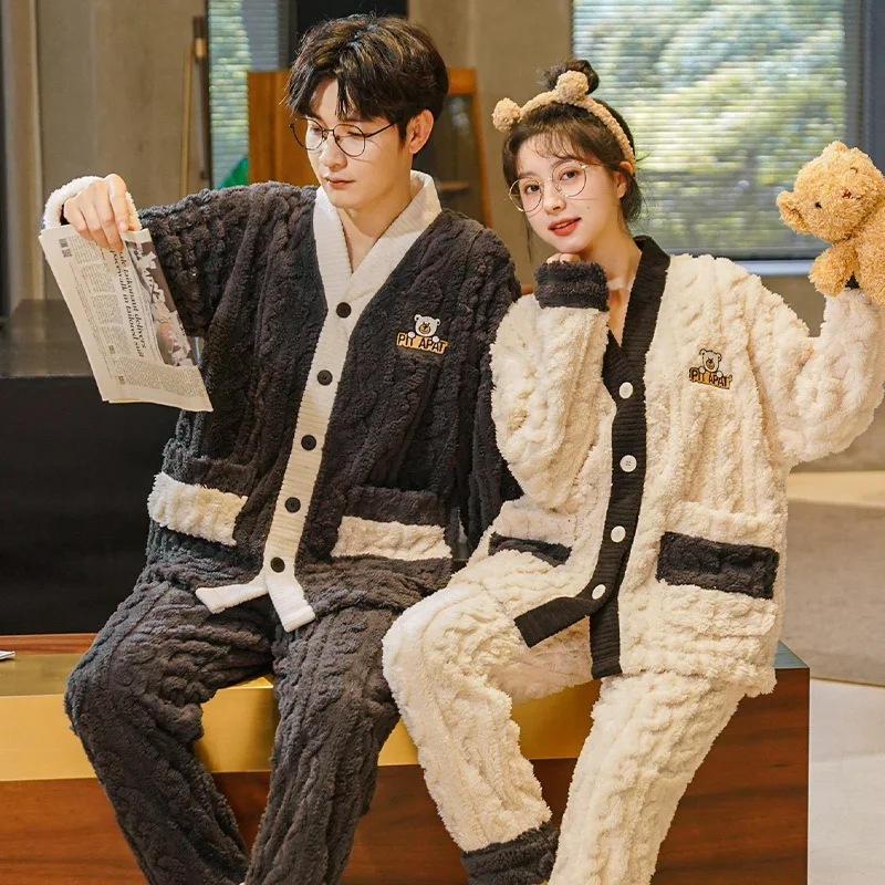 2022 Flannel Sleepwear New Women Men Winter Warm Fleece Couples Pajamas Set Lovers Nightgown Kimono Pijamas Home Clothes