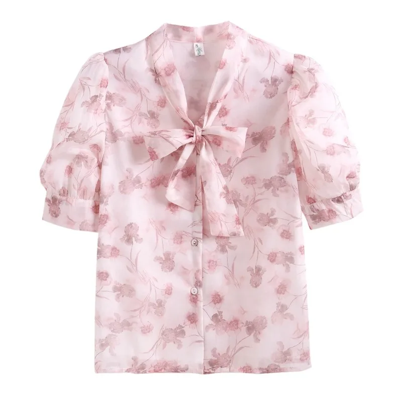 Летние женские Топы с бантом на воротнике шифоновая блузка принтом рубашка
