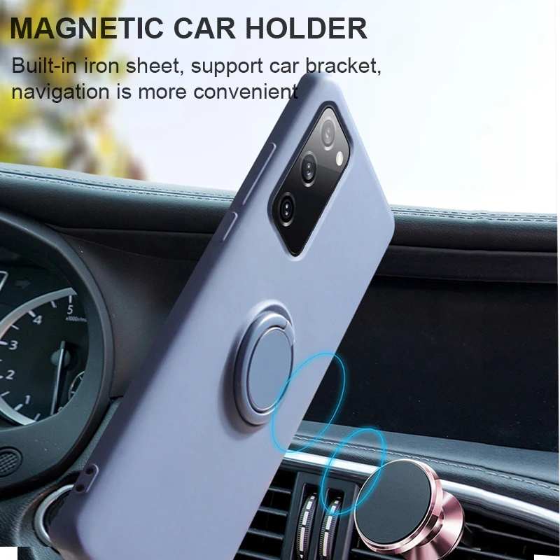 

Luxury Magnetic Ring Holder Liquid Silicone Case For Samsung Galaxy S21 Ultra Plus Note 20 Soft Shockproof Cover With Lanyard