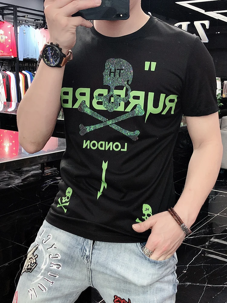 2022 mens short sleeve t shirt mens trend slim skull print hot diamond ice silk tide brand mercerized cotton mens t shirt free global shipping