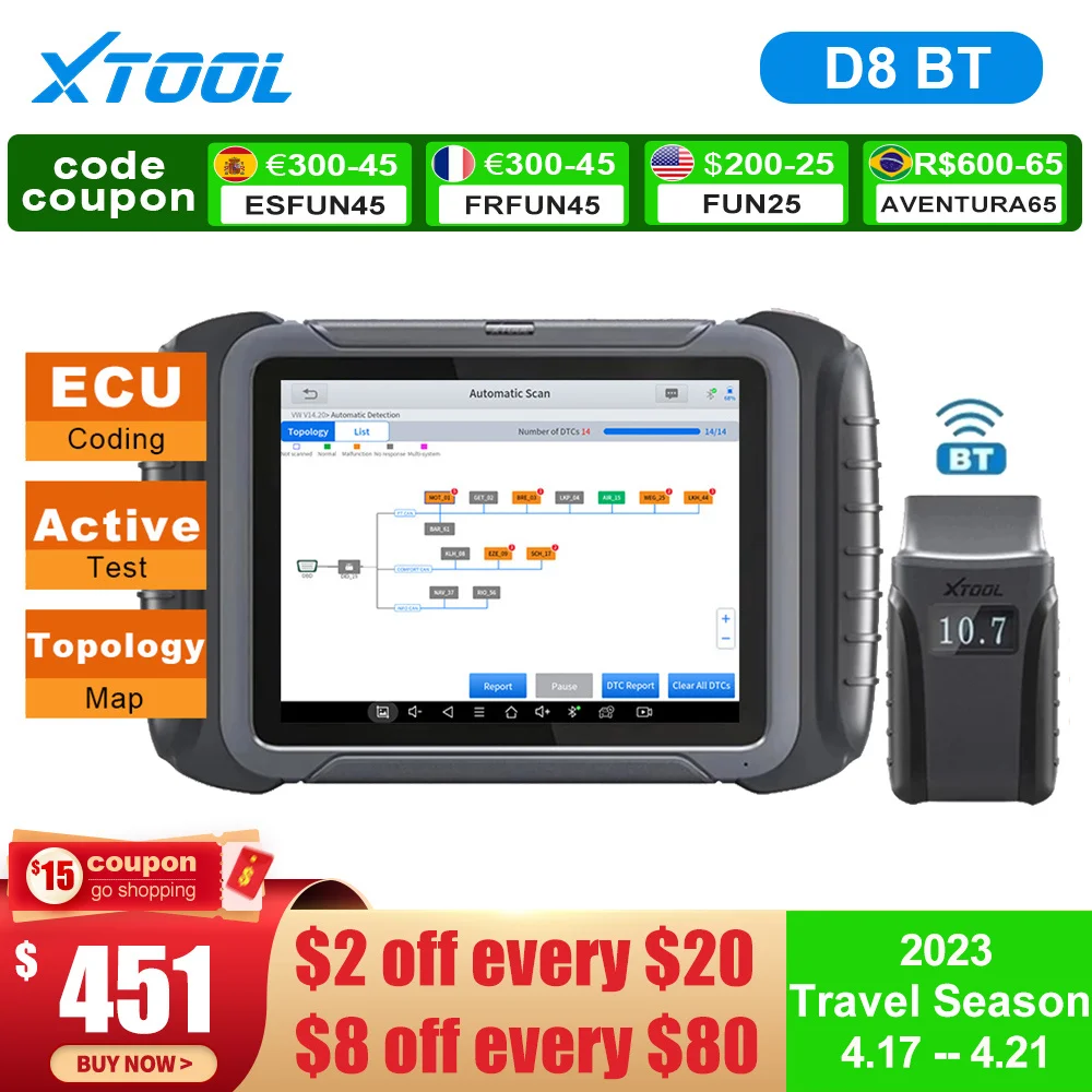 

2023 XTOOL D8 BT Инструменты диагностики автомобилей Двустороннее управление Код ECU Общесистемная диагностика 38 + Сброс Программирование по клавишам Бесплатное обновление 3 года Поддержка протокола CAN FD