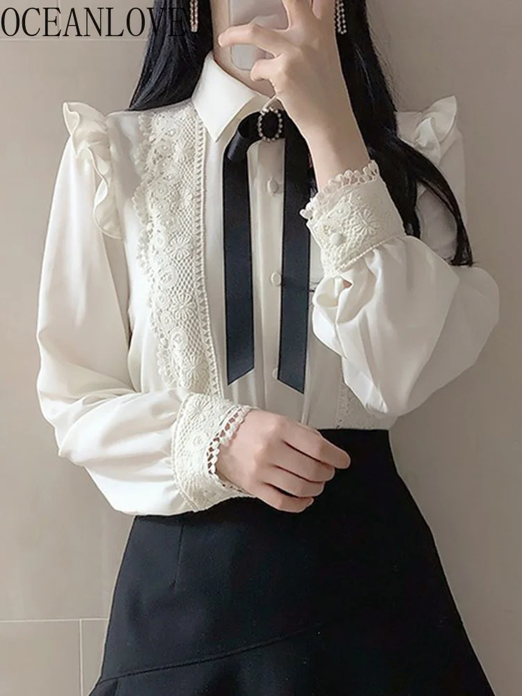 

Lace Patchwork Bow Blouses Women Tops Spring Autumn Vintage Oice Lady Shirts Long Sleeve Sweet Blusas Mujer