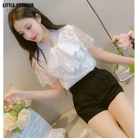 solid hollow out shirt korean fashion clothing vintage sleeveless 2022 womens tops and blouses lace patchwork blusas 9811