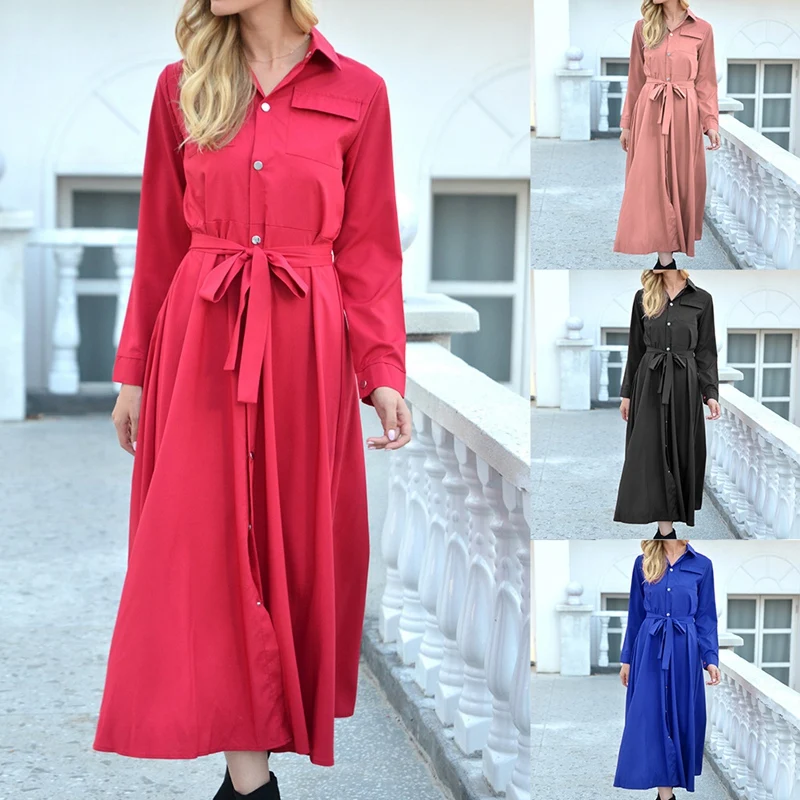 

Fashion Solid Color Single Breasted Turn-Down Collar Long Sleeve Dresses For Women Elegant Belt Party