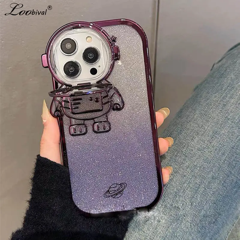 

Cartoon Glitter Astronaut Bracket Case For iPhone 14 13 12 Pro Max 11 Xr 14 Plus Plating Transparent Bling Gradient Stand Cover