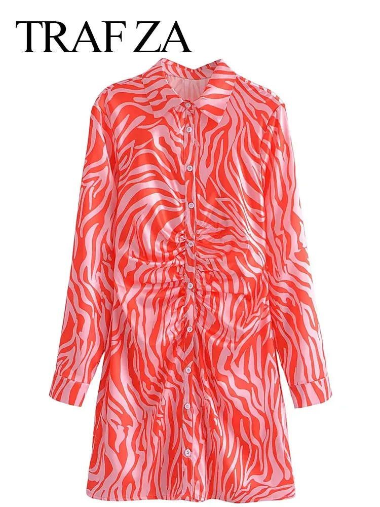 

TRAF ZA Skin Friendly Long Sleeve Pleated Waist Shirt Ladies Dress Red Zebra Print Single Breasted Straight Ladies Maxi Dress