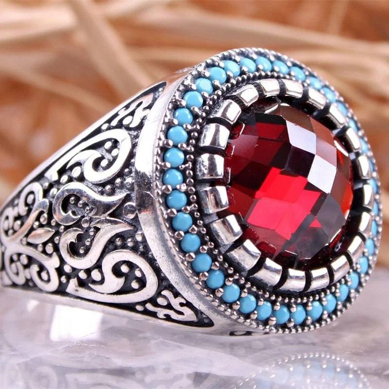 

New Inlaid Turquoise Men's Luxury Ring Personality Retro Personality Ruby Ring To Attend The Banquet Party Fashion Jewelry