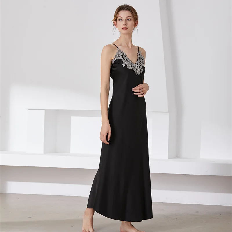 Imitated Silk Pajamas Women's Lace Sexy V-neck Long Slip Nightdress Pajamas Home Wear Sleep Dress Sexy Nightgown Camisolas Robe