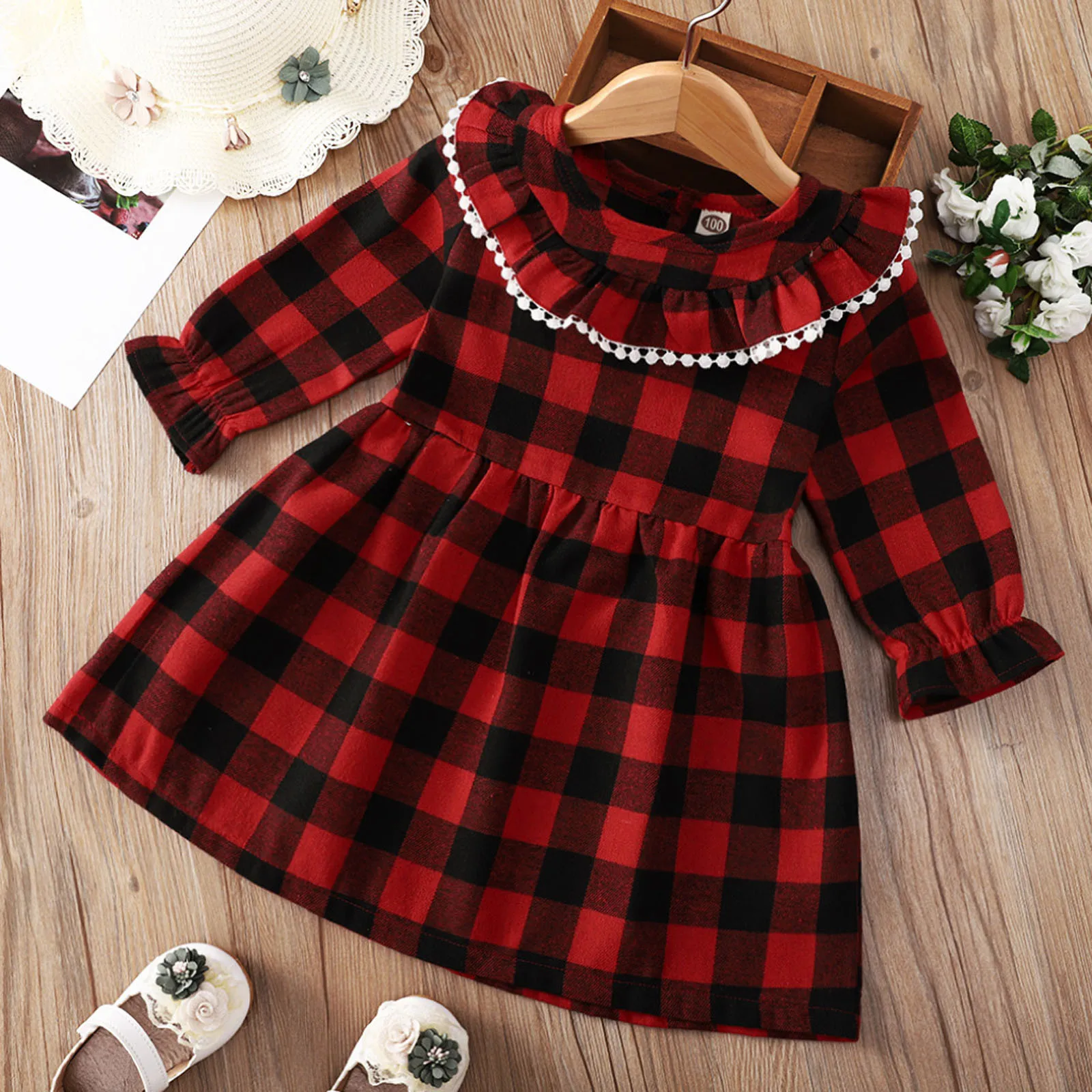 

Fashion Girls Plaid Prints Dresses Children Christmas Long Sleeve Lace Collar Patchwork Princess Dress Xmas New Year Clothes