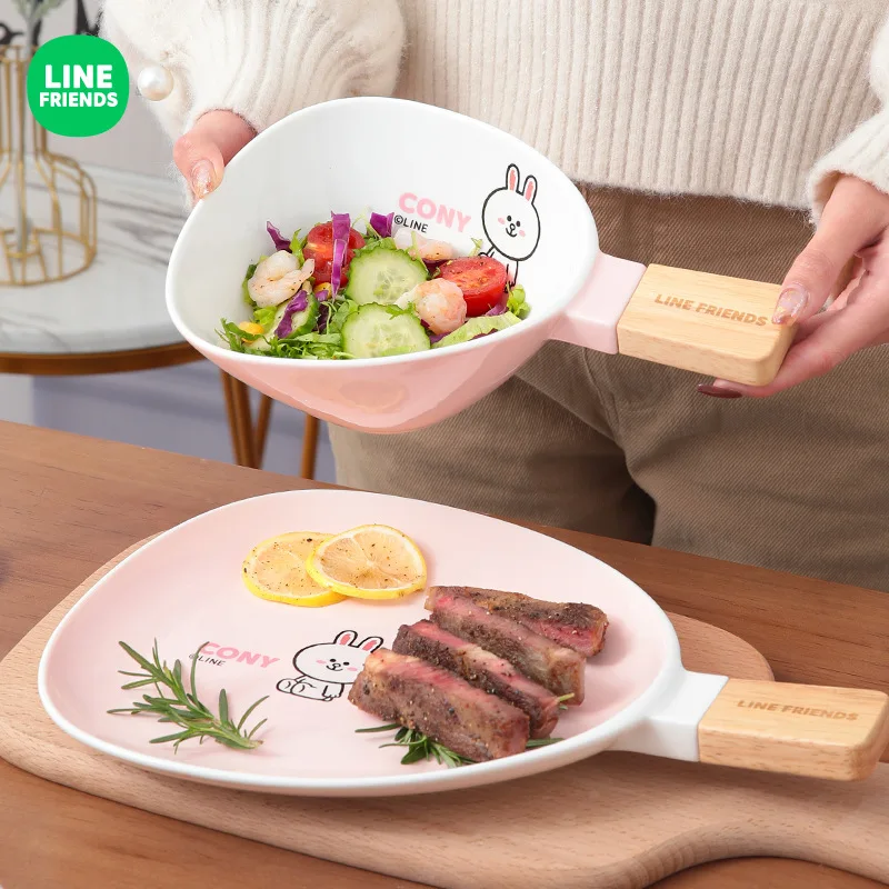 

Line Friends Brown Bear Connie Rabbit Ceramic Wood Handle Bowl Creative Cutlery Handle Tray Practical Cute Japanese Salad Bowl