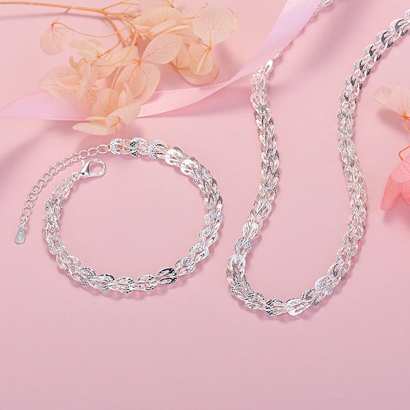

925 Sterling silver Beautiful lathes carved pattern chain bracelets neckalces jewelry set for women fashion Party wedding gifts