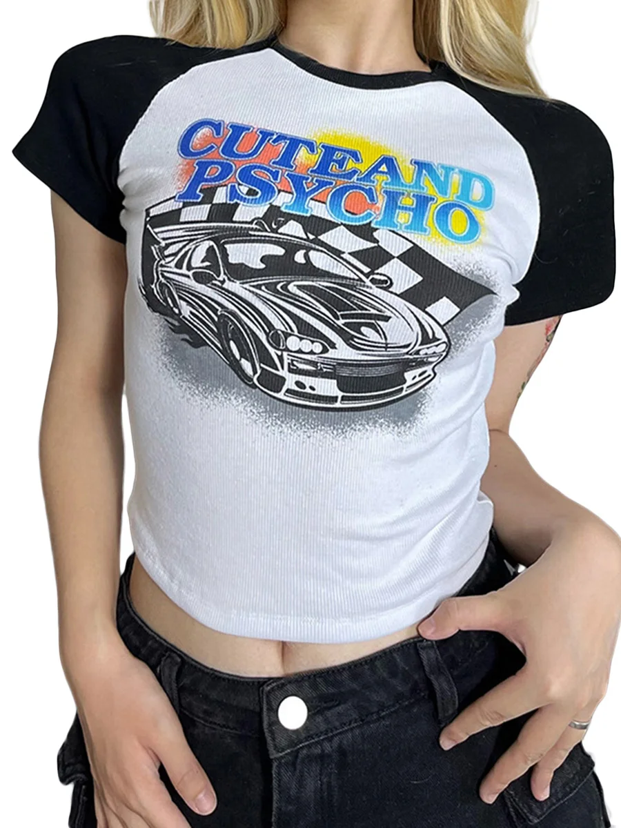 

Женские летние повседневные укороченные топы, привлекательная облегающая футболка с контрастными буквами и принтом автомобиля, с коротким...
