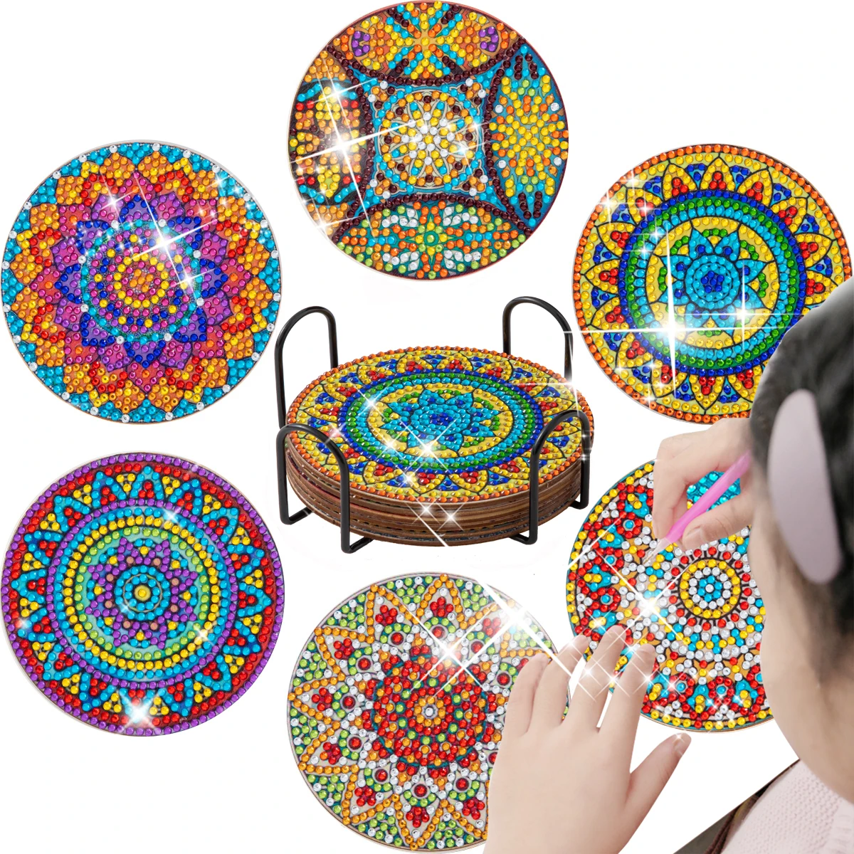 

SDOYUNO 6pc/sets Diamond Painting Coasters Flowers DIY Mandala Coasters Diamond Art Kits for Beginners Adults Craft Supplies