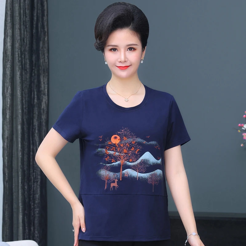 

Футболка оверсайз для женщин среднего возраста, летние модные женские блузки, лето 2022, топы, женские футболки с коротким рукавом, винтажная ...