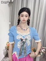korean style lace rhinestone sequin bead kawaii clothes woman square collar ribbon bow bubble versatile slimming knitted tops