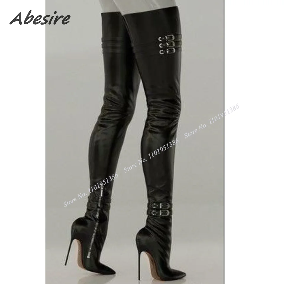 Abesire Black Stiletto Heel Buckle Decor Boots Solid Thin Heel Pointed Toe Shoes for Women High Heel Fashion Zapatillas Mujer images - 6