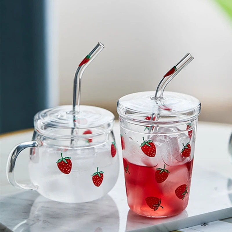 

Strawberry Glass Mug with Straw Creative Drinking Cup with Lid High Borosilicate Clear Glass Water Cup Kupa Bardak Household