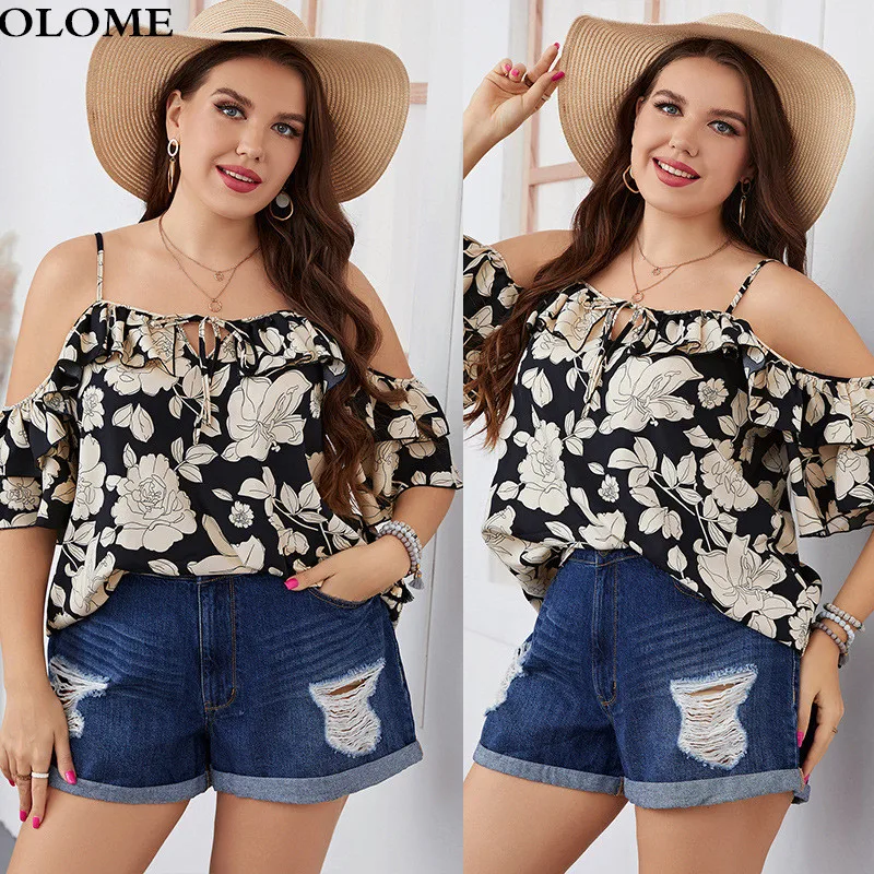 

Oversize Printing Women T Shirt 4XL Summer Holidays Spaghetti Shirt Hollow Out Ruffles SHort Sleeves Loose Casual Tops