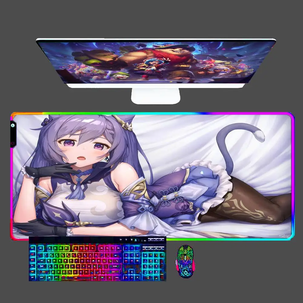 

Keqing Genshin Impact RGB Large E-sports Mouse Pad Smooth Flexible Rubber LED Mousepad Gamer PC Computer Keyboard Desk Mat 90x40