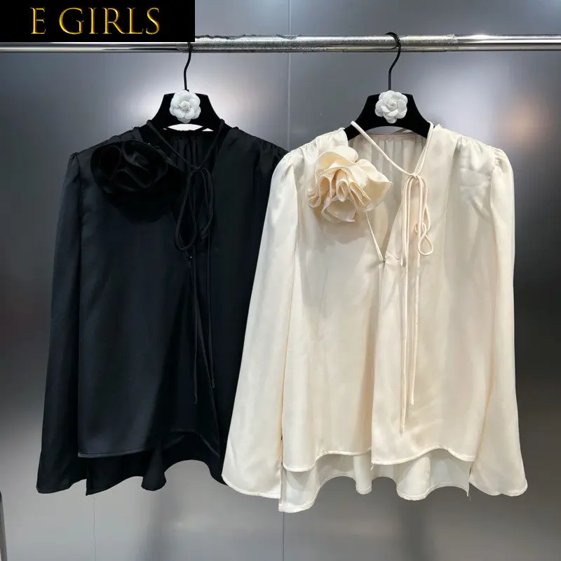 

E GIRLS 2023 Spring New Collection Long Fluffy Sleeve Applique Lace Up V Neck Loose Shirt Women GH554