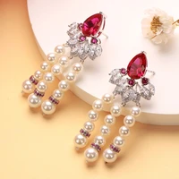 luxury long earrings tassel pearl 3a shiny red zircon fashion exaggerated earring women girls jewelry gifts