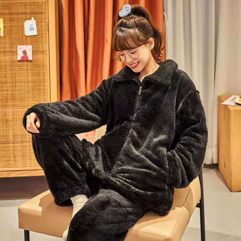 Women Winter Flannel Pajama Set Thick Warm Plus Size 2 Piece/Set Pyjamas Coral Fleece Long Sleeve Trousers Home Clothing Female